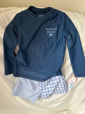 Carter's Navy Long-Sleeve Rash Guard with Light Blue Gingham Shorts